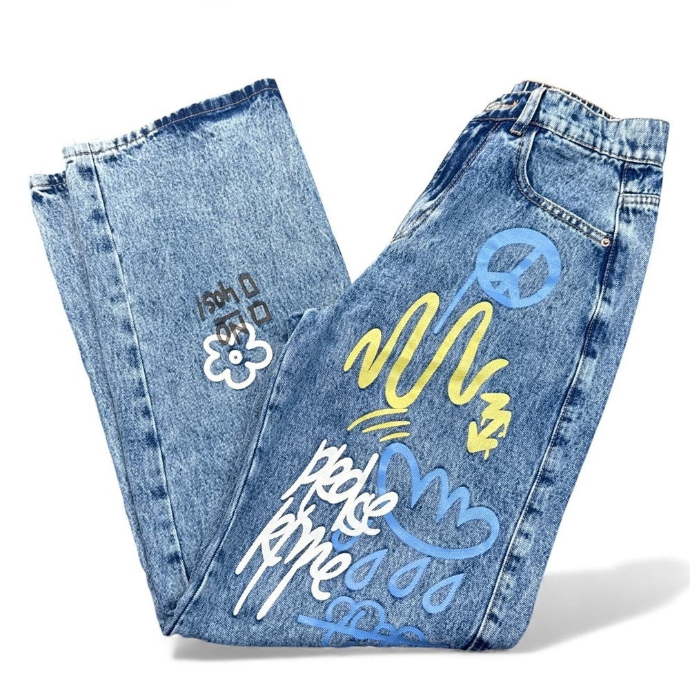 Womens Wide Leg Baggy Jeans Size Small Blue Graffiti High Rise Stretch Denim Y2K